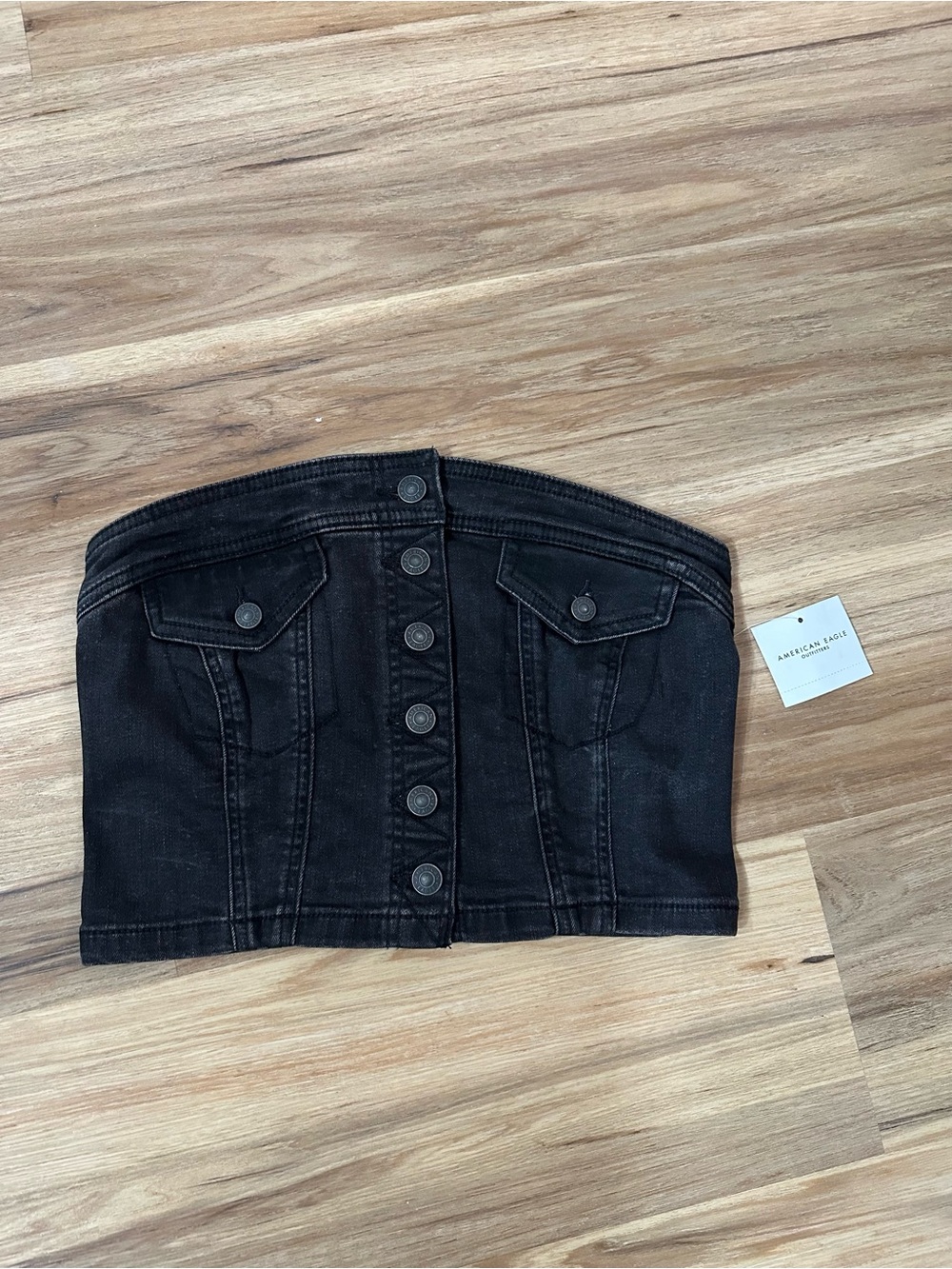 American Eagle Outfitters Black Strapless Button-Front Denim Crop Top